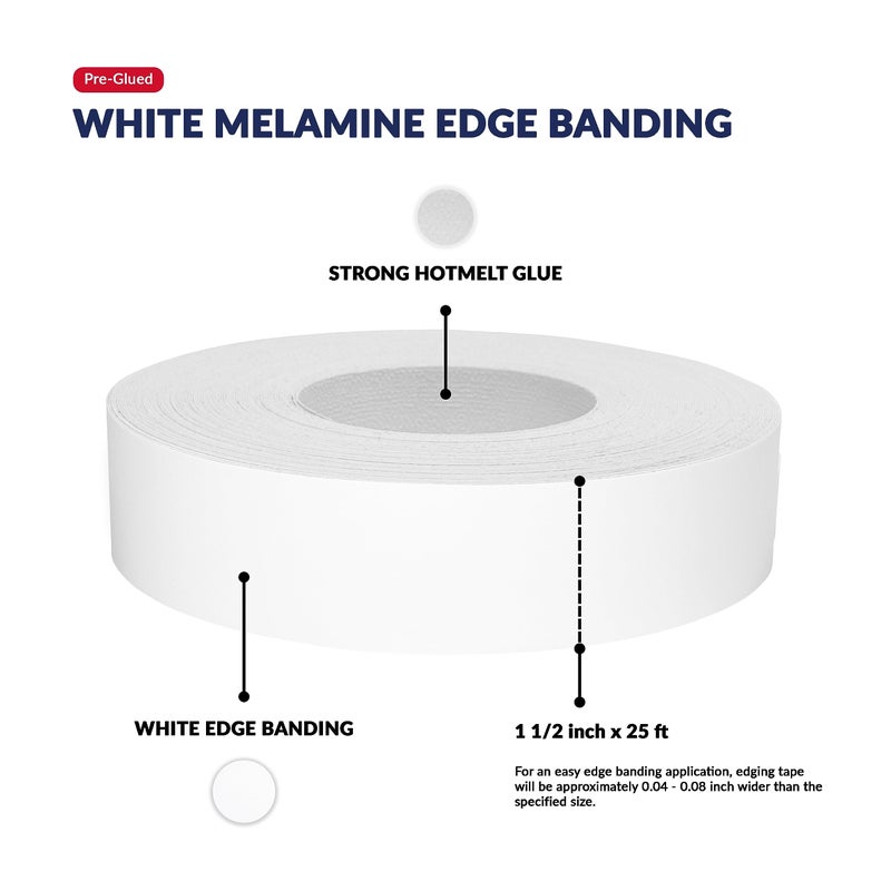 UNMAR White Melamine Edge Banding 1-1/2 inch x 25 feet Iron On Adhesive Edging Cabinet Repair Laminate Shelf Table Plywood Board Furniture MDF Formica Countertop Pre Glued Flexible Strip Wood Veneer Tape - Image 2